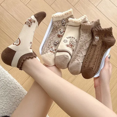 Calcetines Cortos con Volantes de Oso Lindo para Mujer Estilo Dulce Japonés Encaje Mezcla Algodón