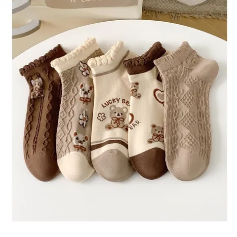 Calcetines Cortos con Volantes de Oso Lindo para Mujer Estilo Dulce Japonés Encaje Mezcla Algodón