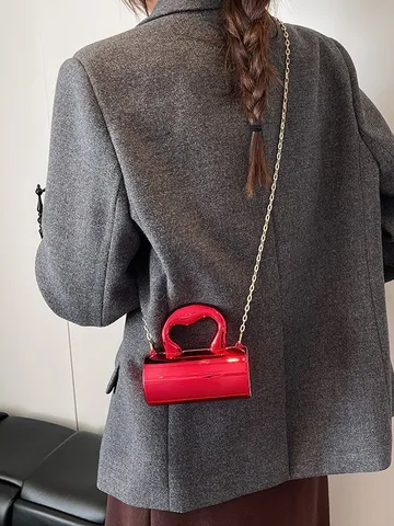 Mini Cylindrical Handbag For Women Shiny Acrylic Mirror Metallic Crossbody Bag With Heart Handle And Chain Evening Bag