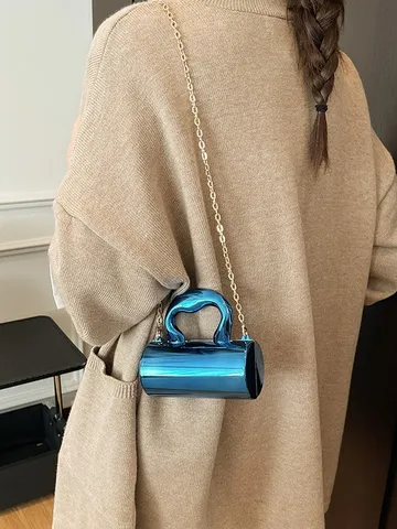 Mini Cylindrical Handbag For Women Shiny Acrylic Mirror Metallic Crossbody Bag With Heart Handle And Chain Evening Bag