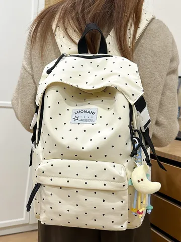 Japanischer Ins-Stil Gepunkteter Rucksack Für Mädchen Süße Frische Schüler Schultasche Nylon Leichter Rucksack Mit Plüsch Anhänger