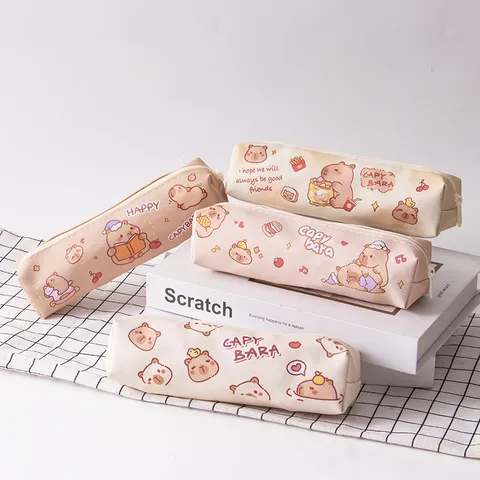 Cute Capybara Cartoon Pencil Case For Primary School Students Canvas Octagonal Stationery Bag Portable High Beauty Pen Pouch Multi-functional Desk Organizer