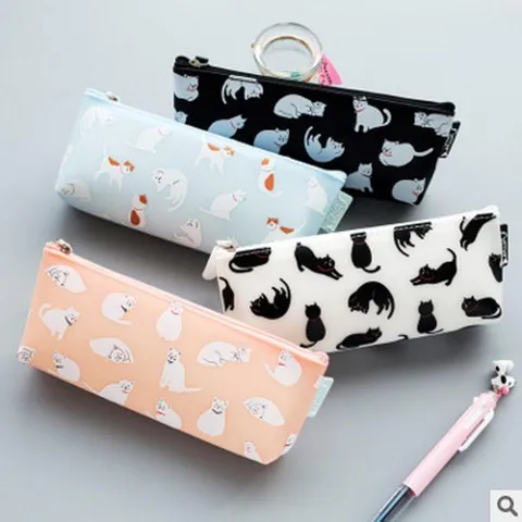 Cute Cat Silicone Pencil Case For Students Waterproof Jelly Stationery Pouch Portable Pen Bag School Supplies For Girls Boys Kids