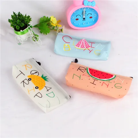 Cute Fruit Print Silicone Triangular Pencil Case For School Students Watermelon Banana Pineapple Dragon Fruit Stationery Pouch Bag Children Gift