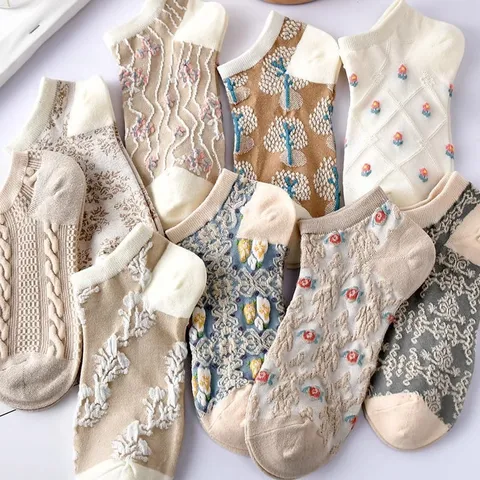 Calzini Corti in Maglia con Motivo Floreale Letterario Retrò da Donna Primavera Estate Sottili Traspiranti Carini Volant Taglia Bassa Calzini da Barca