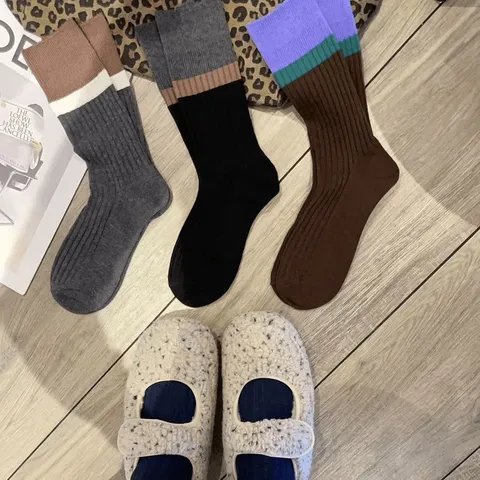 Calcetines de Media Pantorrilla Retro con Bloque de Color a Rayas para Mujer Estilo Coreano Casual Otoño Invierno Algodón