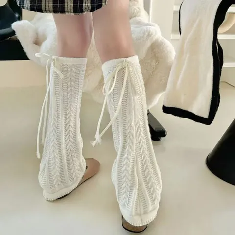 Mujer Otoño Invierno Tejido de Trenza Calentadores de Piernas Lazo Dulce Flared Boot Covers Acrílico Calcetines Largos Térmicos