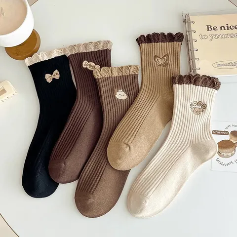 Calcetines de Tubo Dulces Vintage para Mujer con Ribete de Encaje y Bordado de Dibujos Animados Calcetines Casuales de Algodón
