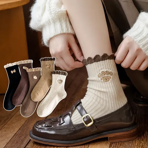Calcetines de Tubo Dulces Vintage para Mujer con Ribete de Encaje y Bordado de Dibujos Animados Calcetines Casuales de Algodón