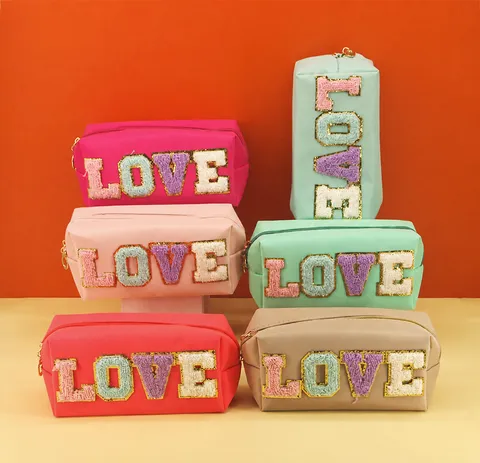 Women Travel Cosmetic Bag Chenille Sequined Letter Embroidery Makeup Bag Octagonal Square Toiletry Organizer Portable Soft Handle Wash Bag