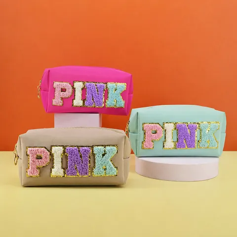 Embroidered Letter Pink Cosmetic Bag Octagonal Makeup Pouch Polyester Toiletry Organizer For Travel Daily Use Women Gift