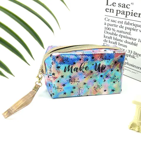 Large Capacity Holographic PVC Makeup Bag Star Print Waterproof Octagonal Cosmetic Storage Bag With Wrist Strap