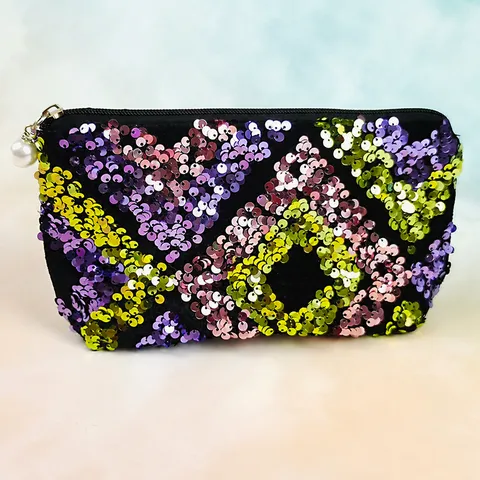 Fashion Sequin Embroidered Velvet Cosmetic Bag Large Capacity Trapezoid Makeup Pouch For Women Travel Storage Bag With Pearl Zipper