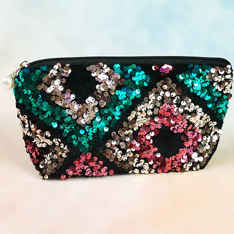 Fashion Sequin Embroidered Velvet Cosmetic Bag Large Capacity Trapezoid Makeup Pouch For Women Travel Storage Bag With Pearl Zipper