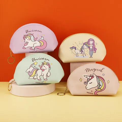 Unicorn Half Round Cosmetic Bag Cartoon Portable PU Leather Makeup Pouch Large Capacity Waterproof Travel Toiletry Organizer For Kids Girls