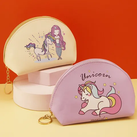 Unicorn Half Round Cosmetic Bag Cartoon Portable PU Leather Makeup Pouch Large Capacity Waterproof Travel Toiletry Organizer For Kids Girls