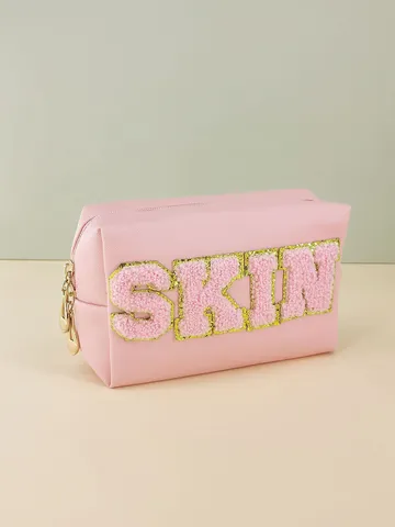 Waterproof PU Leather Makeup Bag Chenille Letter Patch Embroidery Large Capacity Toiletry Bag For Travel Women Storage Bag