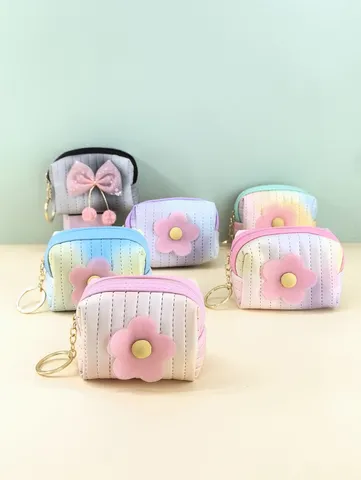 Cute Tie-Dye Gradient PU Leather Mini Coin Purse With Flower Metal Keychain For Women Girls Fashion Zipper Small Key Lipstick Pouch Bag