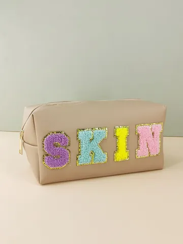 Waterproof Chenille Letter Patch Makeup Bag PU Leather Large Capacity Travel Toiletry Wash Bag Cosmetic Pouch For Women