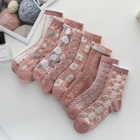 Calcetines de Media Pantorrilla con Bordado Floral Retro Japonés Lindo para Mujer Mezcla de Algodón Dulce Espesados Calcetines Casuales