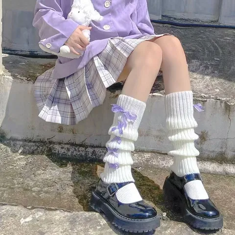 Japanese Cute Cross Strap JK Leg Warmers Autumn Winter Warm Long Tube Socks Sweet Bowknot Stacked Socks Women