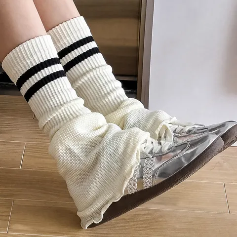 Calentadores de Piernas de Algodón para Mujer Estilo Japonés Dos Rayas Kawaii Ballet Core Medias de Pantorrilla Accesorio Casual Diario