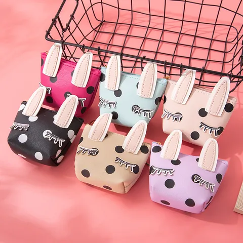 Cute Rabbit Ear Polka Dot PU Leather Coin Purse Portable Women Zipper Card Holder Lipstick Storage Bag For Girls Daily Use