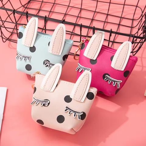 Cute Rabbit Ear Polka Dot PU Leather Coin Purse Portable Women Zipper Card Holder Lipstick Storage Bag For Girls Daily Use