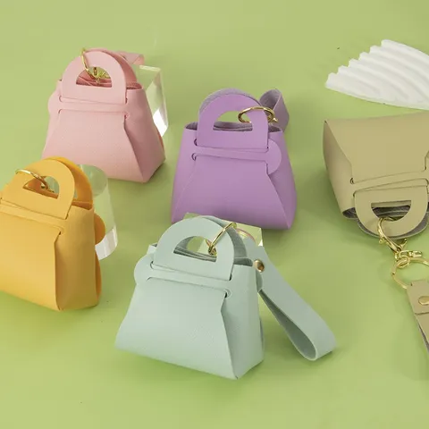 Cute Macaron Handbag Keychain Leather Mini Coin Purse Creative Small Bag Key Ring Pendant Accessory For Women Girls