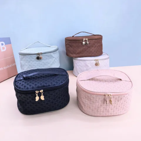Large Capacity Woven Texture PU Leather Makeup Bag Waterproof Portable Cosmetic Organizer For Travel Women Toiletries Storage Bag