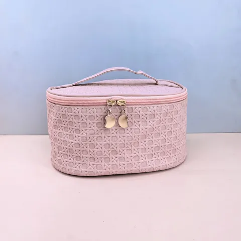 Large Capacity Woven Texture PU Leather Makeup Bag Waterproof Portable Cosmetic Organizer For Travel Women Toiletries Storage Bag