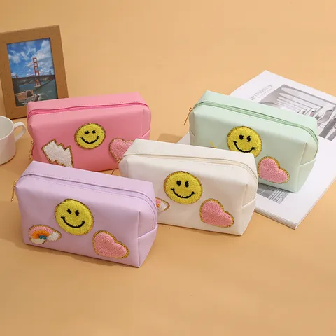 Women's Street Trend Faux Leather Makeup Bag Chenille Towel Embroidery Letter Smiley Face Storage Organizer Zipper Cosmetic Pouch