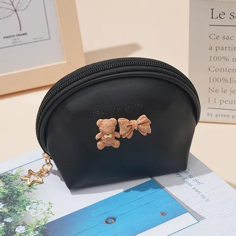 Cute Bear Bowknot Semi-Circle PU Leather Coin Purse Portable Lipstick Storage Bag Small Shell Handbag Makeup Pouch For Women
