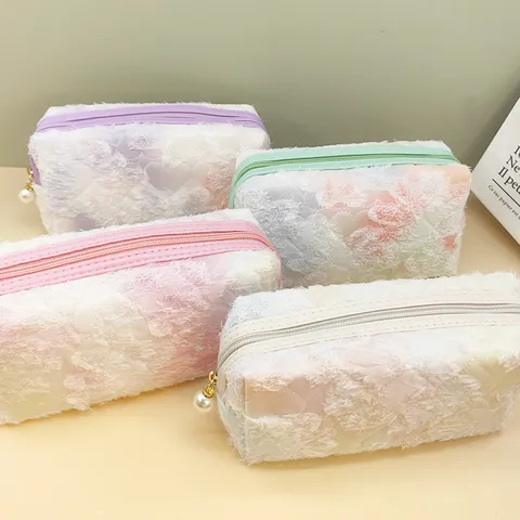 Women Tie-Dye Lace Makeup Bag Floral Embroidery Pencil Case With Pearl Pendant Tassel Storage Octagonal Pouch Daily Sweet Cosmetic Bag