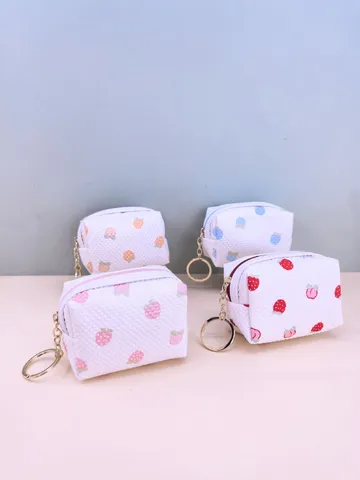 Waffle Fabric Strawberry Coin Purse Mini Lipstick Storage Pouch With Keychain Fruit Pattern Small Square Wallet For Women Daily Use