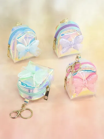 Laser Iridescent TPU Mini Backpack Coin Purse For Girls Sweet Bowtie Artificial Pearl Keychain Waterproof Small Wallet Bag