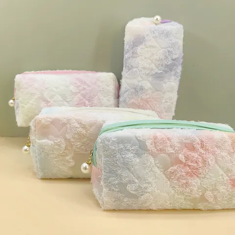 Women Tie-Dye Lace Makeup Bag Floral Embroidery Pencil Case With Pearl Pendant Tassel Storage Octagonal Pouch Daily Sweet Cosmetic Bag