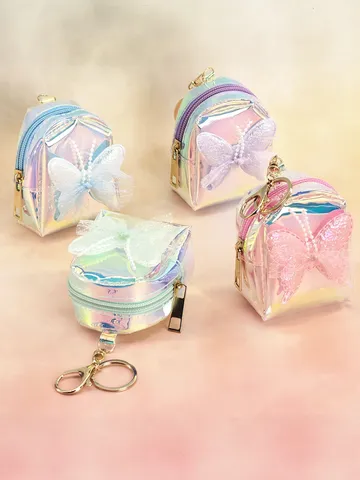 Laser Iridescent TPU Mini Backpack Coin Purse For Girls Sweet Bowtie Artificial Pearl Keychain Waterproof Small Wallet Bag