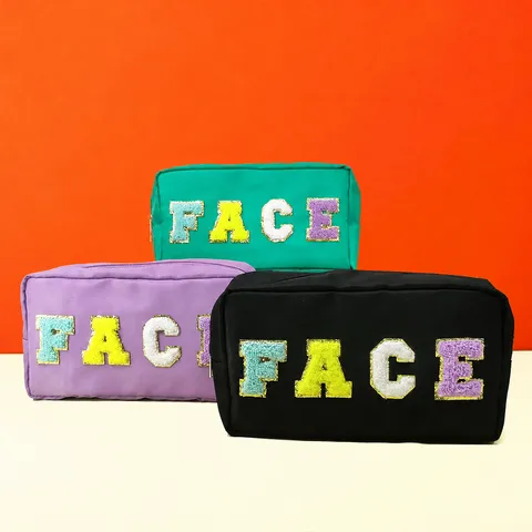 Waterproof Large Capacity Cosmetic Bag With Chenille Letter Patches Polyester Travel Toiletry Organizer Wash Bag Portable Makeup Case
