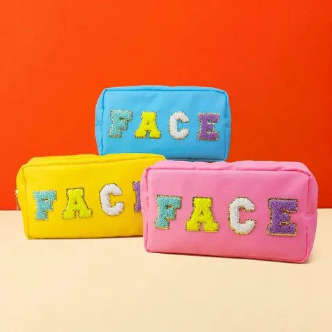 Waterproof Large Capacity Cosmetic Bag With Chenille Letter Patches Polyester Travel Toiletry Organizer Wash Bag Portable Makeup Case
