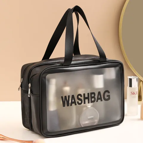 Trousse de Toilette de Maquillage PVC Transparente Imperméable Double Couche Grande Capacité Organisateur de Voyage