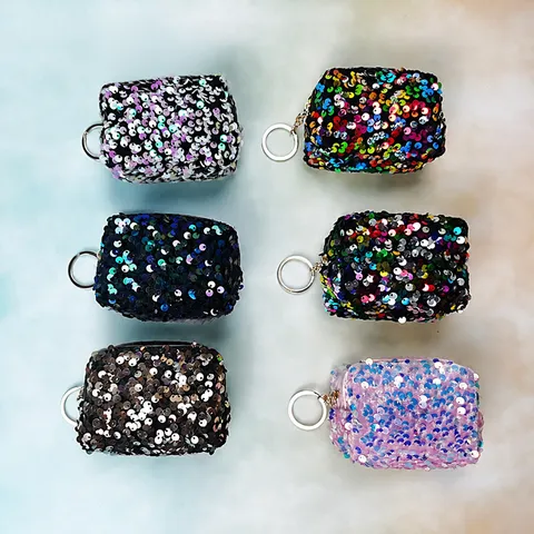 Sequin Mini Coin Purse Fashion Satin Lipstick Storage Bag Embroidered Tampon Organizer With Metal Keychain For Daily Women