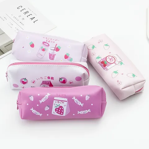 Korean Style Cartoon Strawberry Fruit Octagonal Pencil Case Large Capacity PU Leather Stationery Bag Student Cute Pencil Box