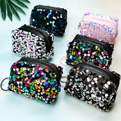 Sequin Mini Coin Purse Fashion Satin Lipstick Storage Bag Embroidered Tampon Organizer With Metal Keychain For Daily Women