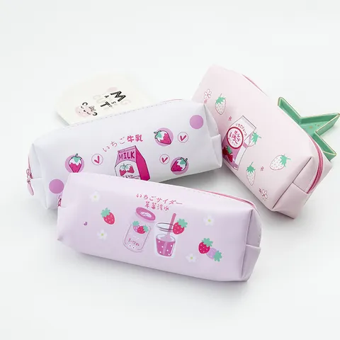 Korean Style Cartoon Strawberry Fruit Octagonal Pencil Case Large Capacity PU Leather Stationery Bag Student Cute Pencil Box