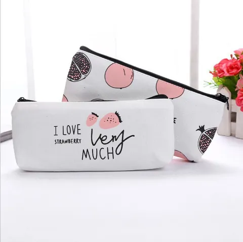 Korean Style Canvas Pencil Case Fruit Strawberry Pomegranate Pattern Student School Stationery Office Desktop Storage Bag