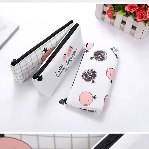 Korean Style Canvas Pencil Case Fruit Strawberry Pomegranate Pattern Student School Stationery Office Desktop Storage Bag
