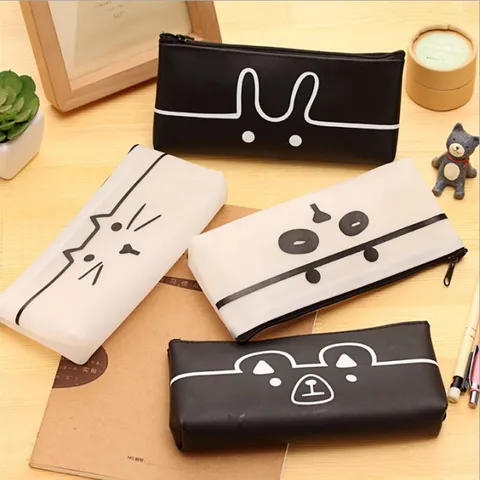 Cute Cartoon Animal Pencil Case Semi Transparent PU Leather Student Stationery Pouch Organizer Minimalist Line Art Bag