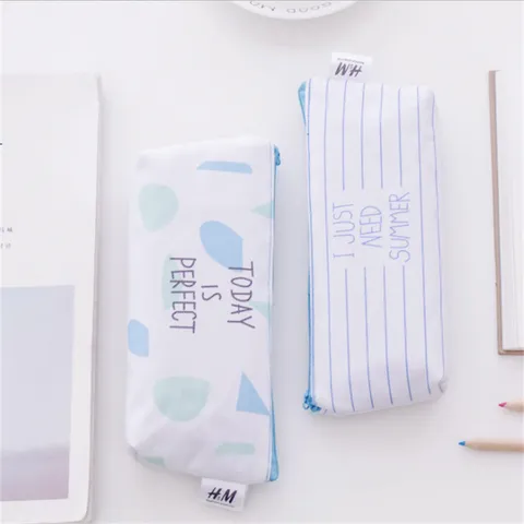 Minimalist Canvas Pencil Case Large Capacity Geometric Striped Plaid Zipper Pen Bag Stationary Pouch Office School Storage Organizer For Kids Students