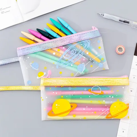 Cute Planet Printed Translucent TPU Pencil Case Portable Waterproof File Document Bag Storage Pouch Stationery Box For Students Kids School Supplies